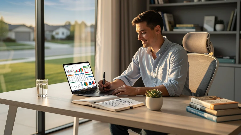 Bureau moderne avec personne suivant la règle de dépenses The Millionaire Next Door pendant 90 jours