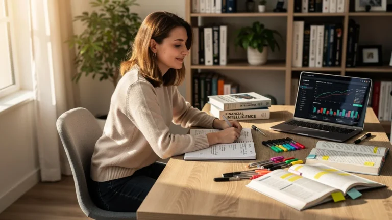 Femme étudiant les fiches Cornell chapitre par chapitre du livre Financial Intelligence dans un bureau lumineux