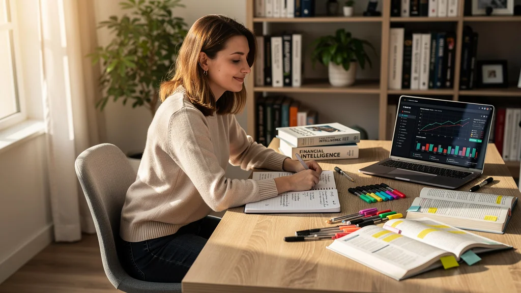 Femme étudiant les fiches Cornell chapitre par chapitre du livre Financial Intelligence dans un bureau lumineux