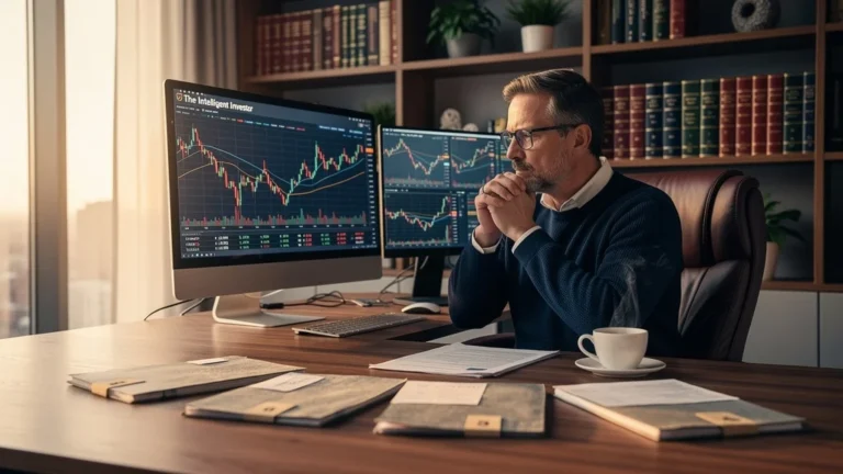 Investisseur analysant la grille de The Intelligent Investor sur 5 dossiers cycliques en bureau moderne lumineux