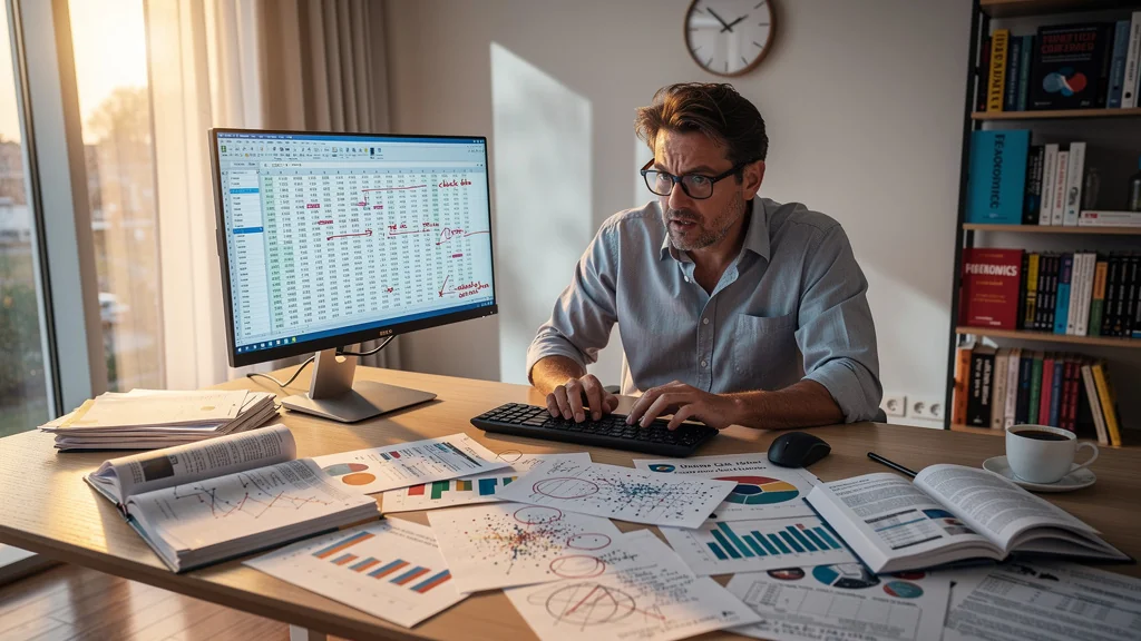 Homme concentré regrettant de mal lire ses données avant de découvrir Freakonomics dans son bureau moderne