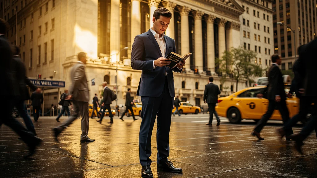 Homme lisant A Random Walk Down Wall Street à Wall Street, calmant ses envies de spéculer au milieu de la ville animée