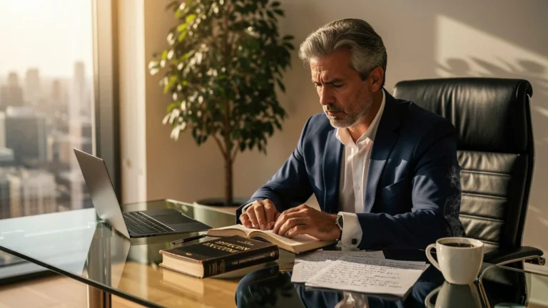 Homme réfléchissant aux vraies priorités inspirées par The Effective Executive dans un bureau moderne lumineux