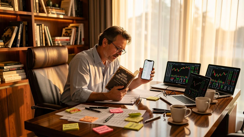 Homme frustré dans un bureau moderne après avoir mal classé ses lectures finance et racheté des actions