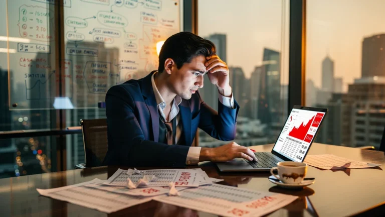 Homme d'affaires stressé dans un bureau moderne après une mauvaise estimation de trésorerie coûteuse