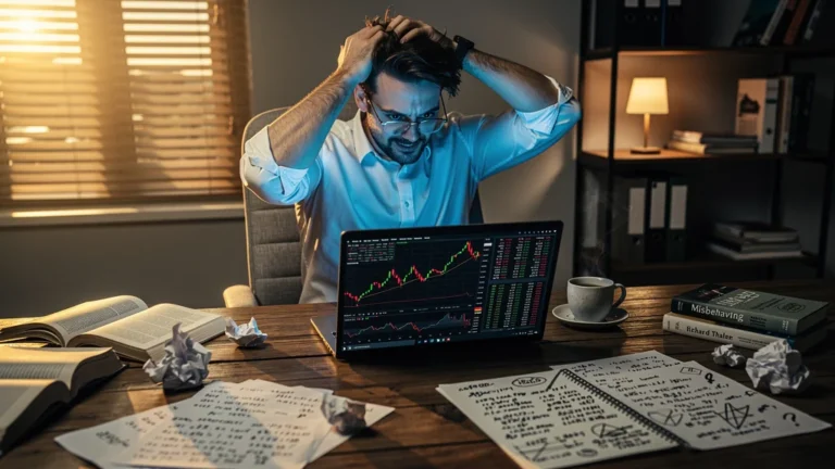 Homme stressé devant écran affichant chiffres mal interprétés avant lecture de Misbehaving de Thaler