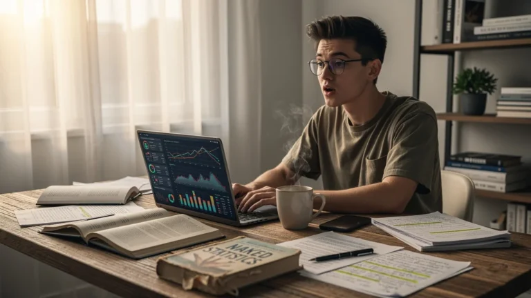 Photo hyperréaliste d’une personne découvrant ses chiffres grâce à Naked Statistics dans un bureau moderne