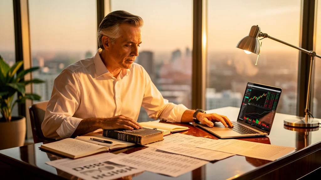 Homme réfléchi évaluant un risque d’investissement avec le livre The Most Important Thing de Marks