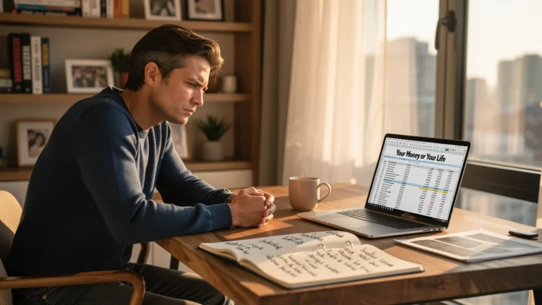 Photo réaliste d’un freelance réfléchissant sur sa gestion financière avec Your Money or Your Life