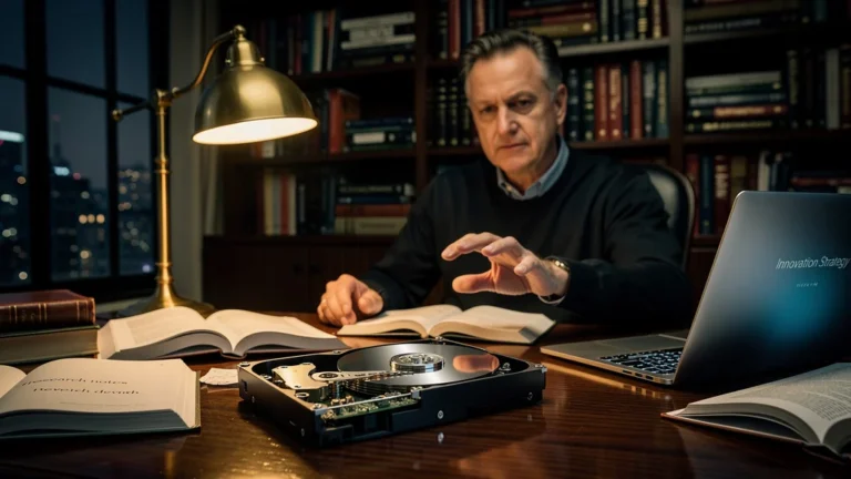 Homme réfléchissant au livre The Innovator's Dilemma avec un disque dur sur un bureau, ambiance studieuse et intense