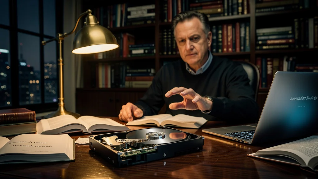 Homme réfléchissant au livre The Innovator's Dilemma avec un disque dur sur un bureau, ambiance studieuse et intense