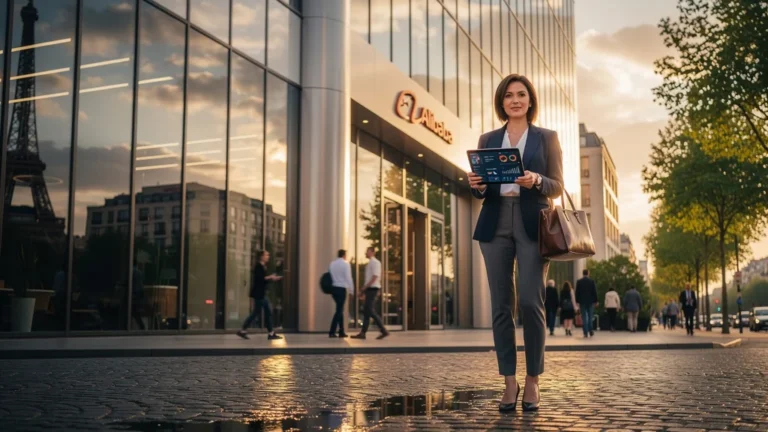 Image hyper-réaliste d'Alibaba France avec une femme professionnelle à Paris au coucher de soleil
