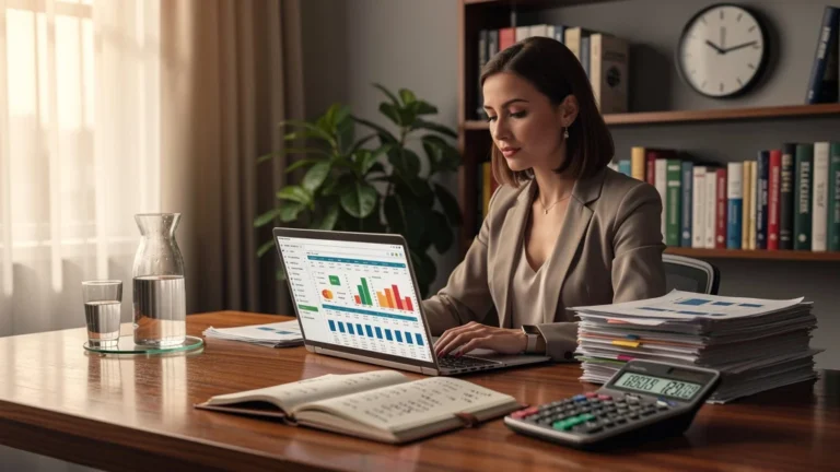Espace de travail réaliste pour budget prévisionnel association avec femme concentrée et documents financiers