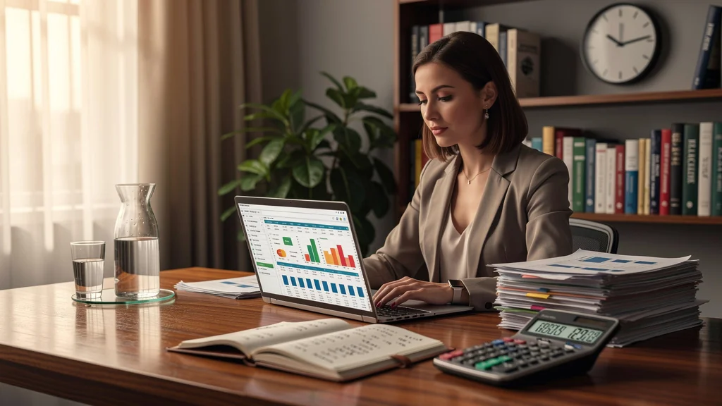 Espace de travail réaliste pour budget prévisionnel association avec femme concentrée et documents financiers