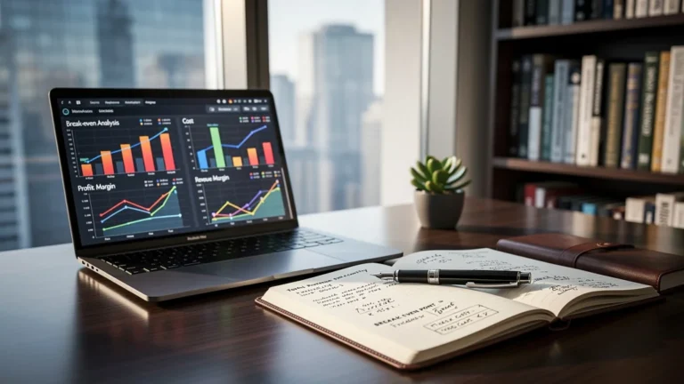 Espace de travail professionnel illustrant le calcul du seuil de rentabilité avec ordinateur et graphiques financiers