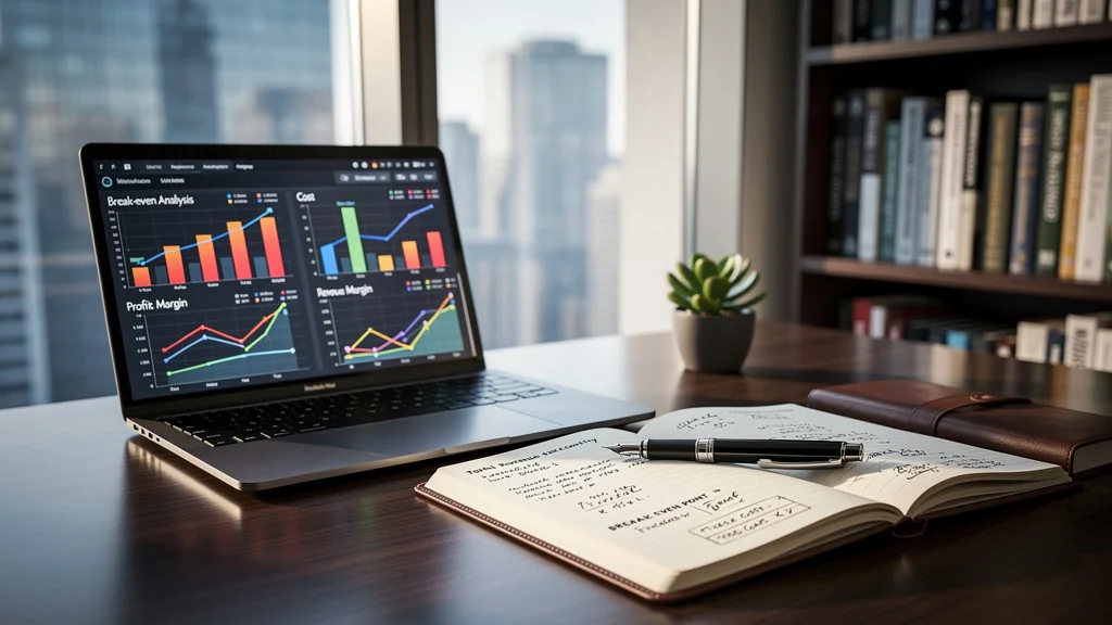 Espace de travail professionnel illustrant le calcul du seuil de rentabilité avec ordinateur et graphiques financiers