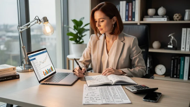Femme professionnelle calculant un prix de vente dans un bureau moderne lumineux et organisé