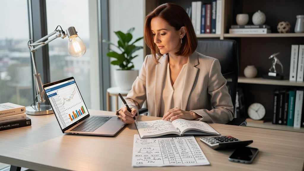 Femme professionnelle calculant un prix de vente dans un bureau moderne lumineux et organisé