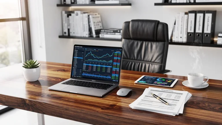 Espace de bureau moderne et lumineux dédié à la comptabilité en ligne avec ordinateur et documents financiers
