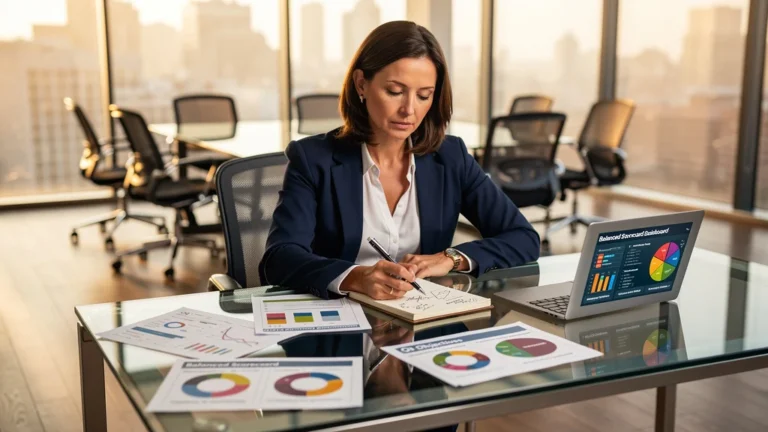 Femme professionnelle appliquant le Balanced Scorecard à une équipe de six personnes en bureau moderne