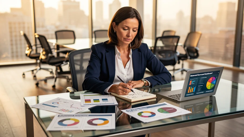 Femme professionnelle appliquant le Balanced Scorecard à une équipe de six personnes en bureau moderne