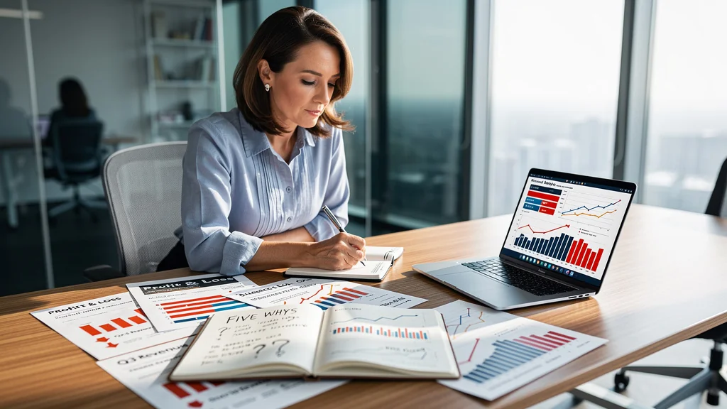 Femme en bureau analysant une marge qui s'effrite avec la méthode des cinq pourquoi, ambiance business réaliste