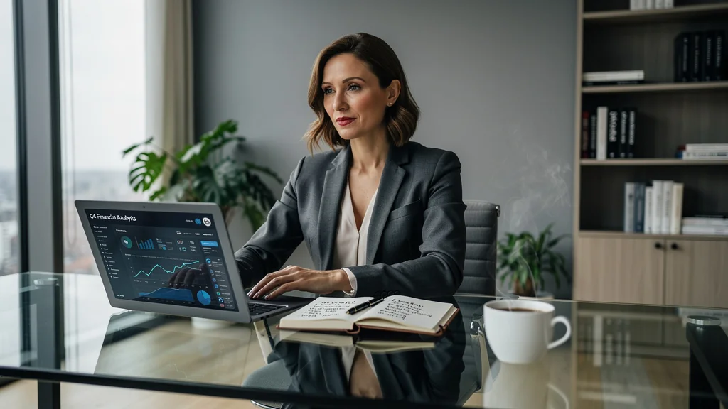 Portrait hyper-réaliste d'une rédactrice business de 37 ans dans un bureau moderne lumineux