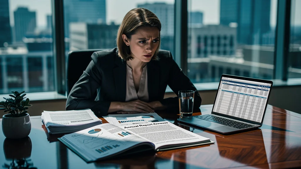 Femme lisant les annexes d’un rapport annuel, réalisant une erreur financière importante