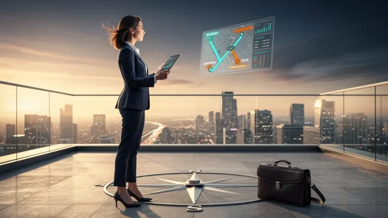 Femme professionnelle sur un toit urbain au lever du jour, symbolisant l’orientaction en business