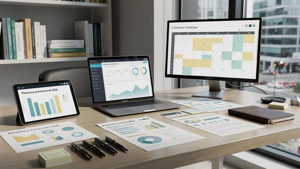 Espace de travail organisé pour planning prévisionnel avec graphiques et documents financiers détaillés