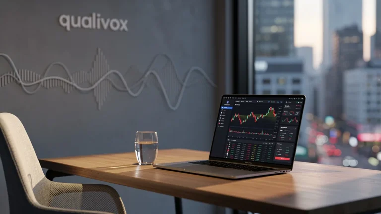 Espace de travail moderne et épuré illustrant Qualivox dans un contexte business et finance