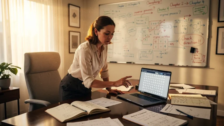 Femme d'affaires concentrée corrigeant une matrice inversée dans un bureau moderne lumineux
