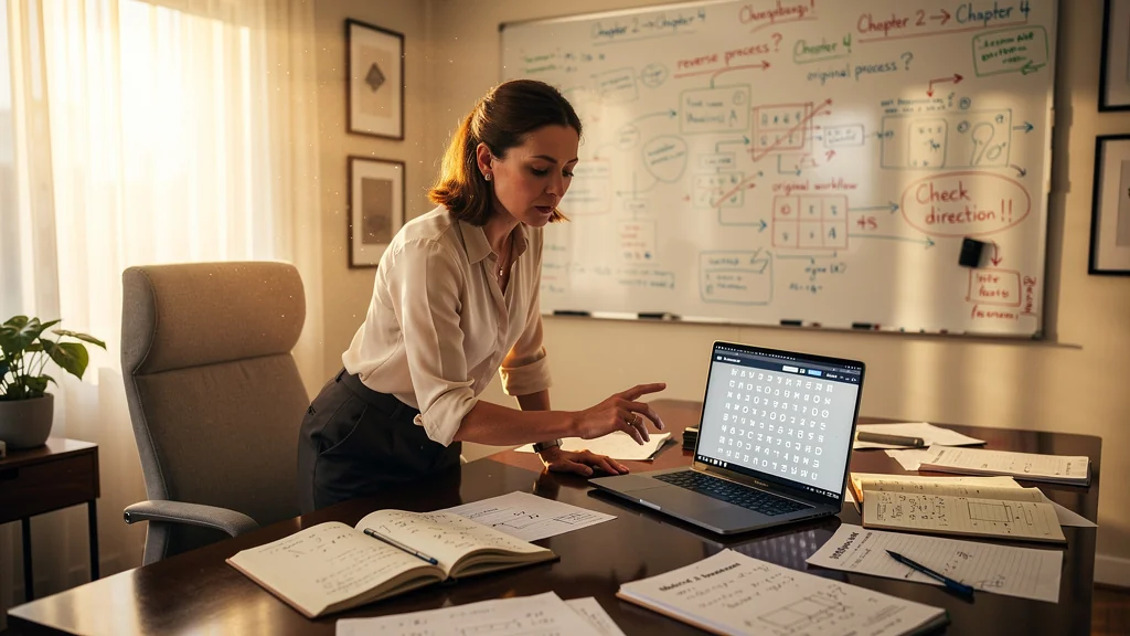 Femme d'affaires concentrée corrigeant une matrice inversée dans un bureau moderne lumineux