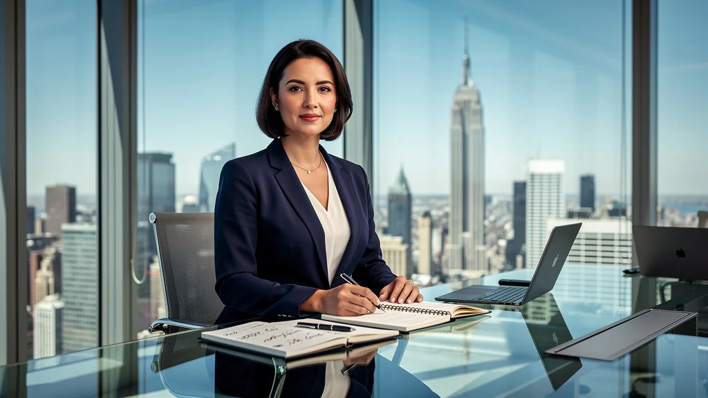 Portrait ultra-réaliste d'une femme professionnelle dans un bureau moderne pour Sia Partners