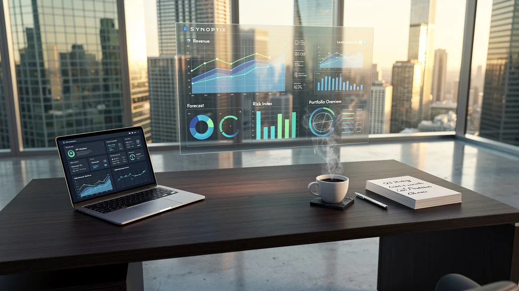 Bureau moderne avec affichage digital synoptix, ambiance business et finance, lumière naturelle, haute précision