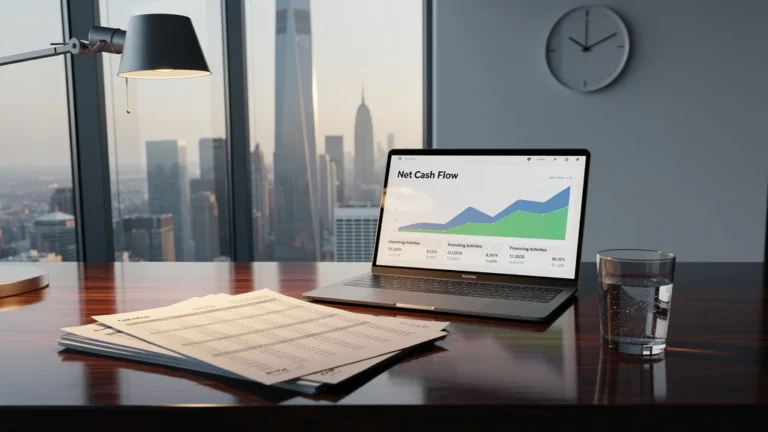 Image réaliste illustrant la gestion de la trésorerie nette en entreprise dans un bureau moderne