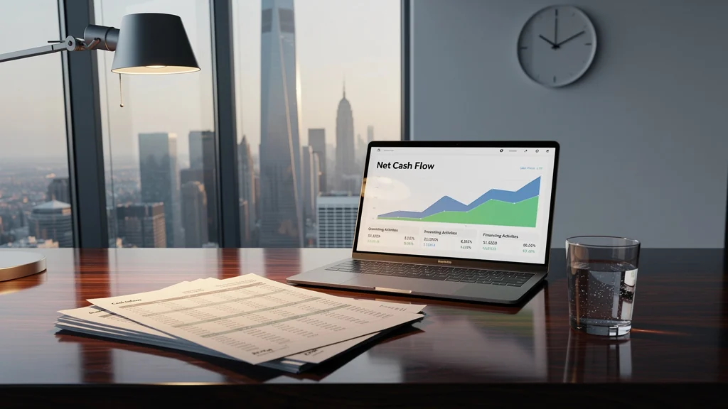 Image réaliste illustrant la gestion de la trésorerie nette en entreprise dans un bureau moderne
