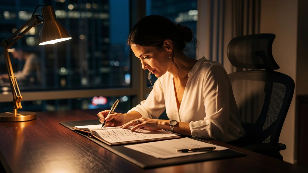 Femme concentrée lisant un dossier de dette dans un bureau moderne éclairé chaleureusement la nuit