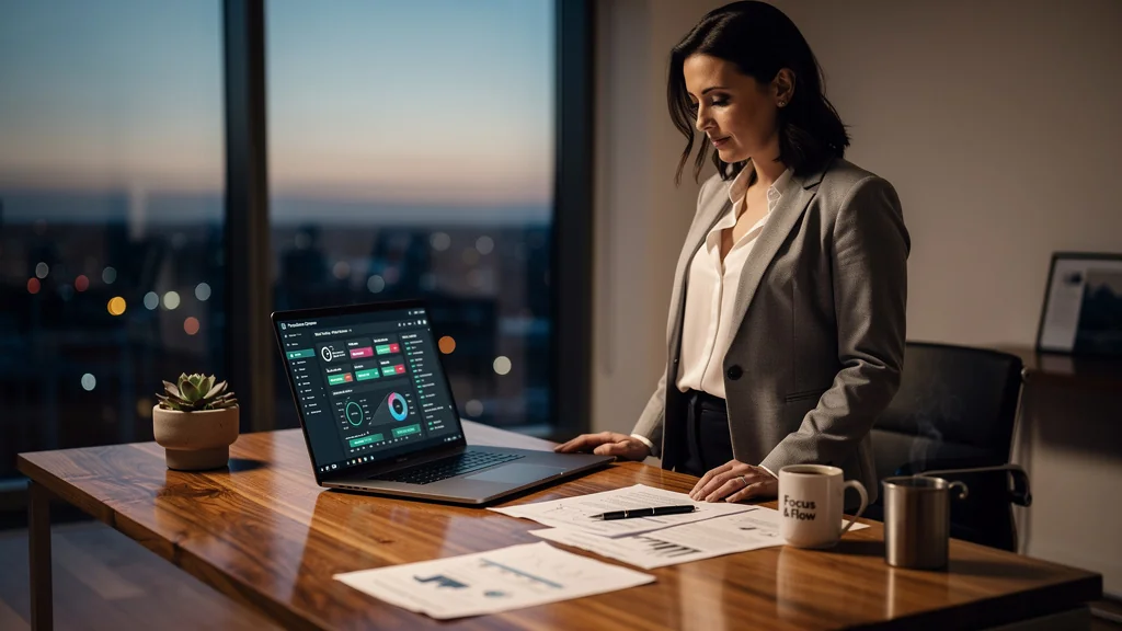 Femme professionnelle concentrée débloquant le suivi de production dans un bureau moderne au crépuscule
