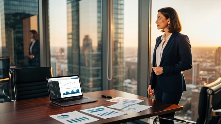 Femme professionnelle en bureau moderne contemplant la valorisation société avec graphiques financiers